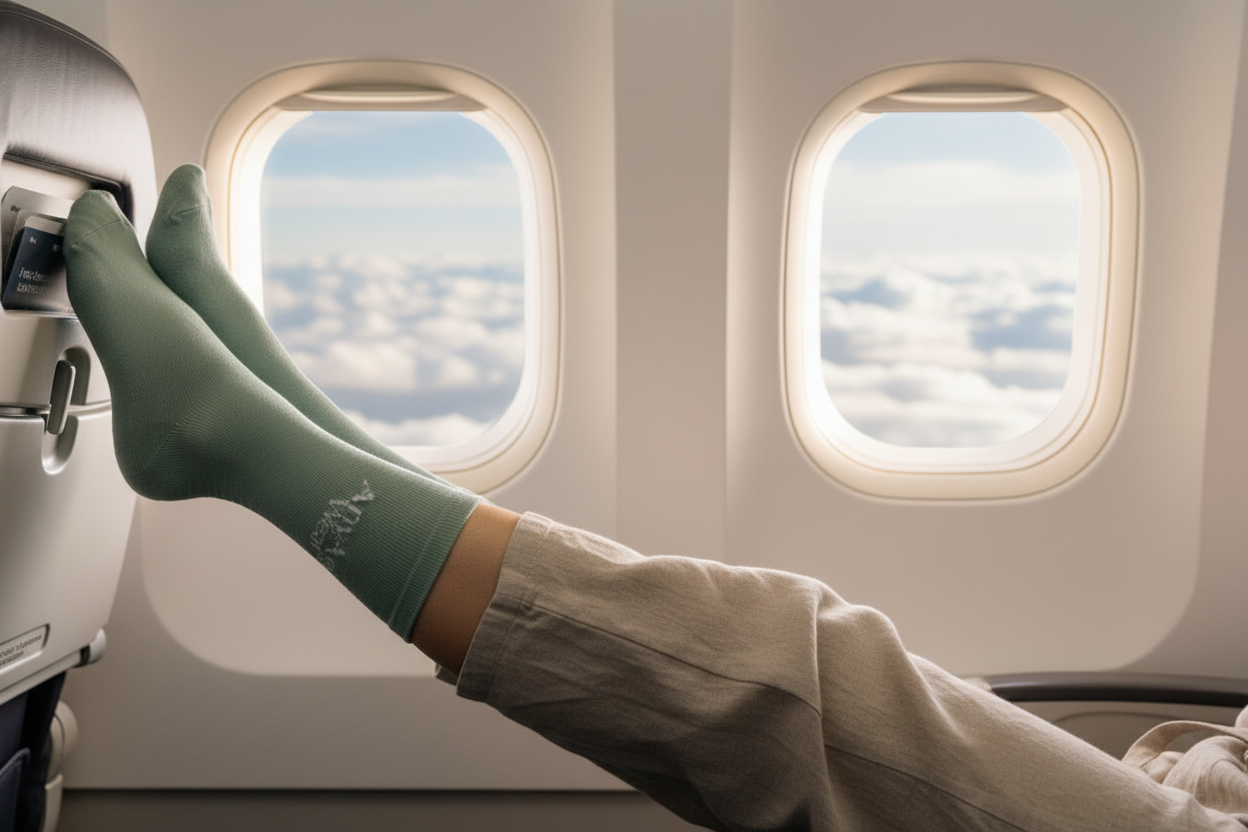 Airplane window seat with compression socks